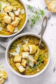 bowl of vegetarian split pea soup with croutons.