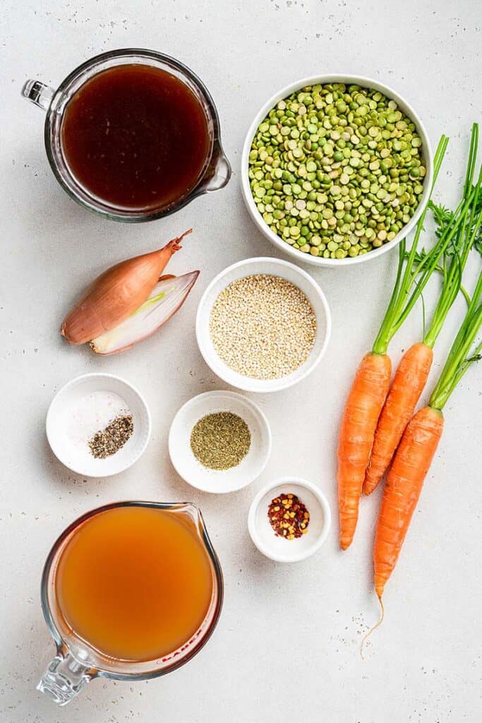 ingredients for split pea soup with carrots and broth