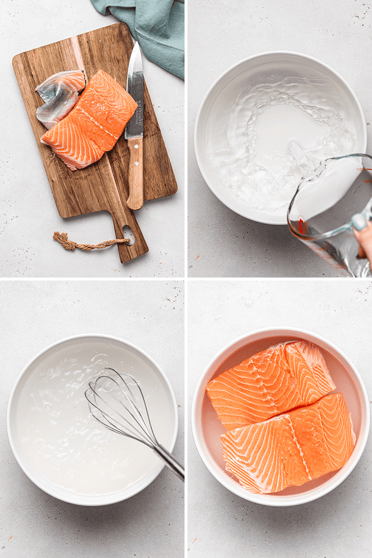collage of steps to make cured salmon in a salt water solution