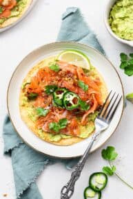 salmon tostada with mashed avocado
