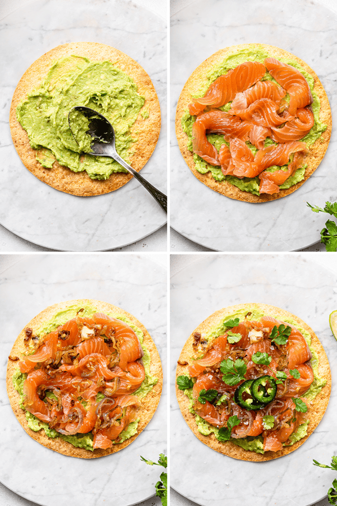 collage of how to make salmon tostadas with step by step instructions