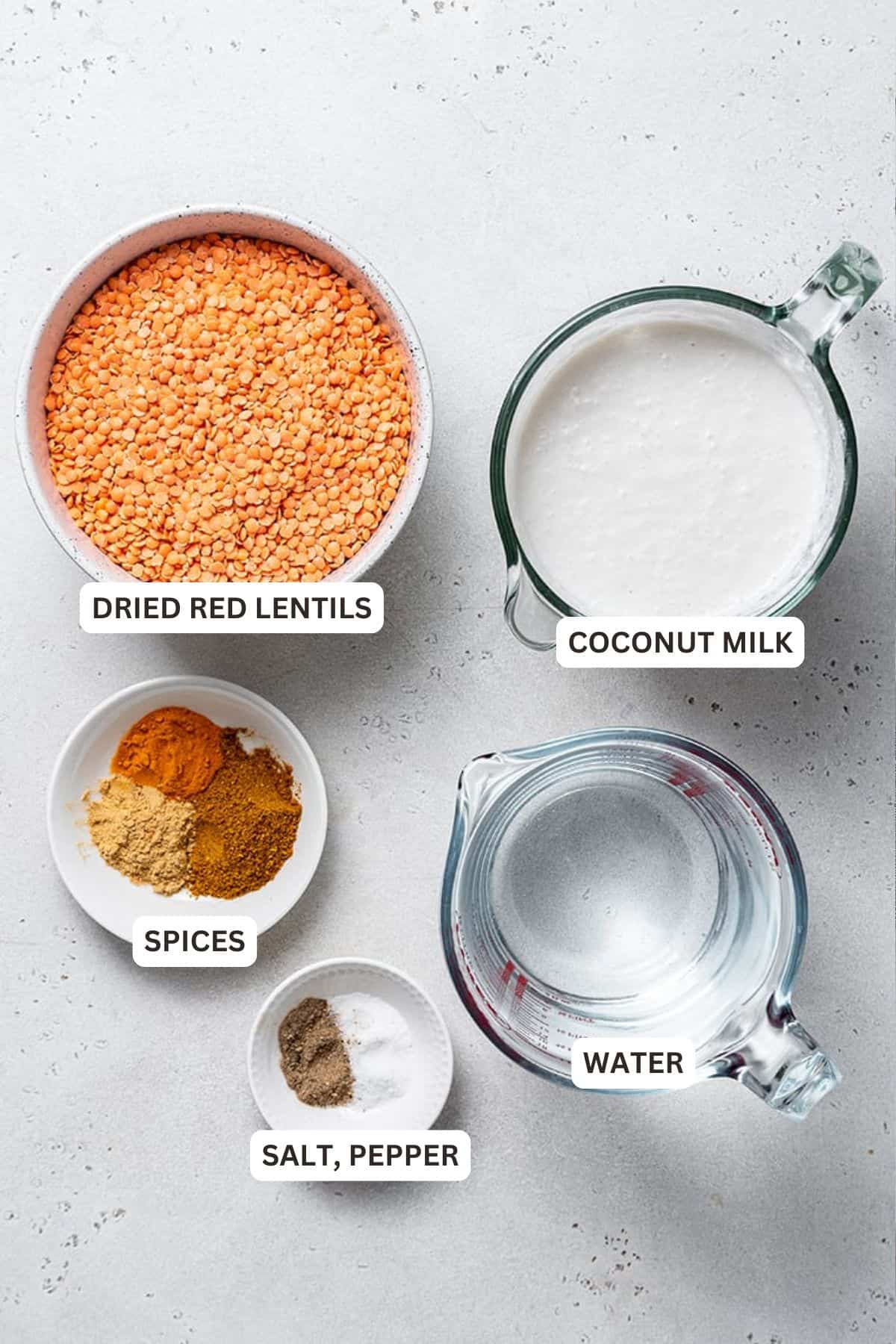 Ingredients for Easy Vegan Red Lentil Dal.
