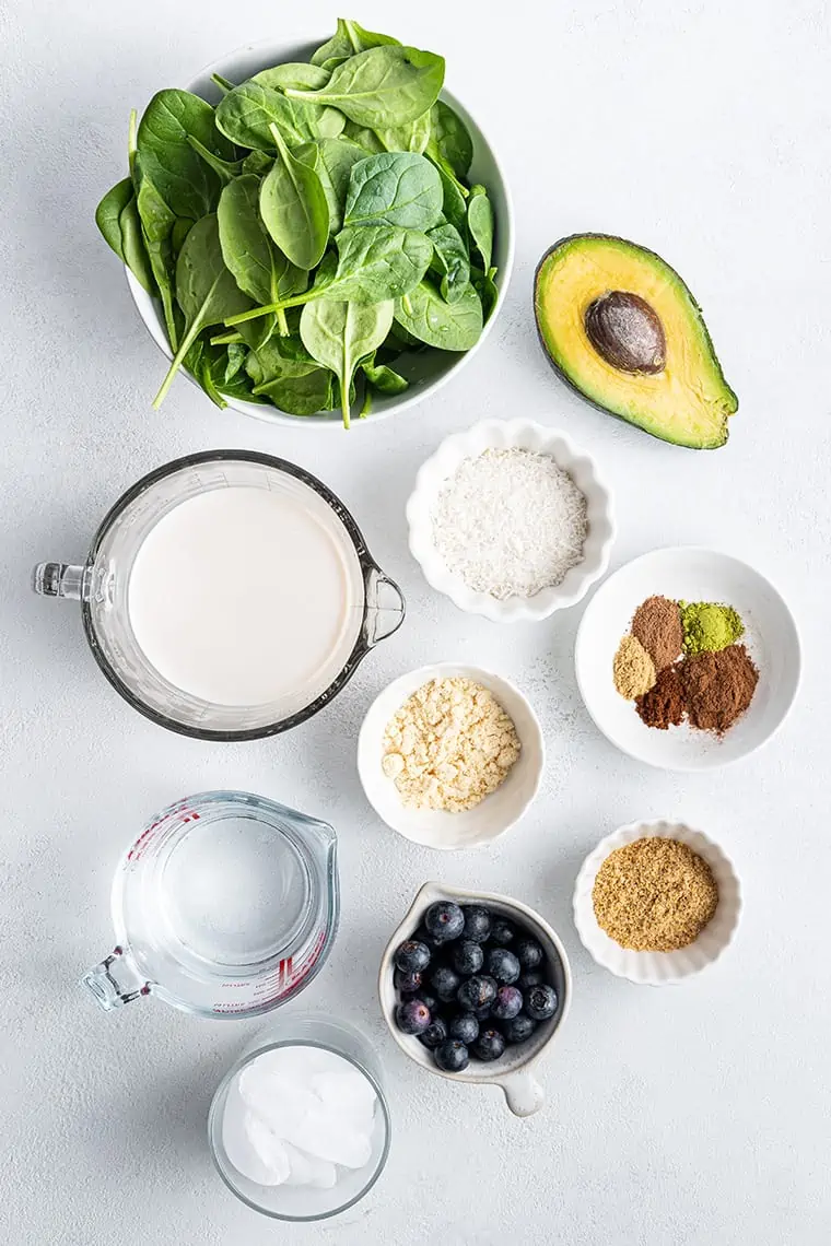 Overhead view of green smoothie ingredients
