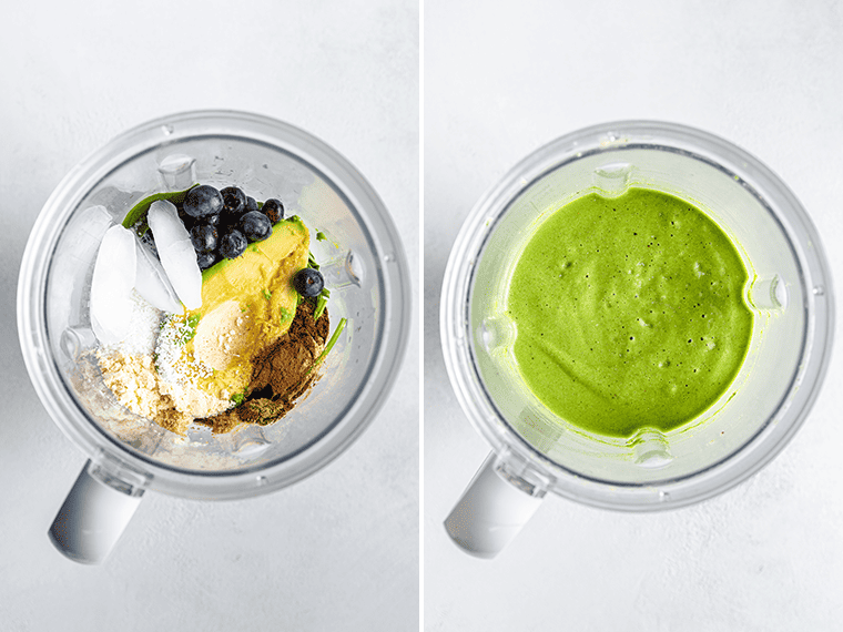 Two top-down photos of blender; one before blending green smoothie ingredients, one after