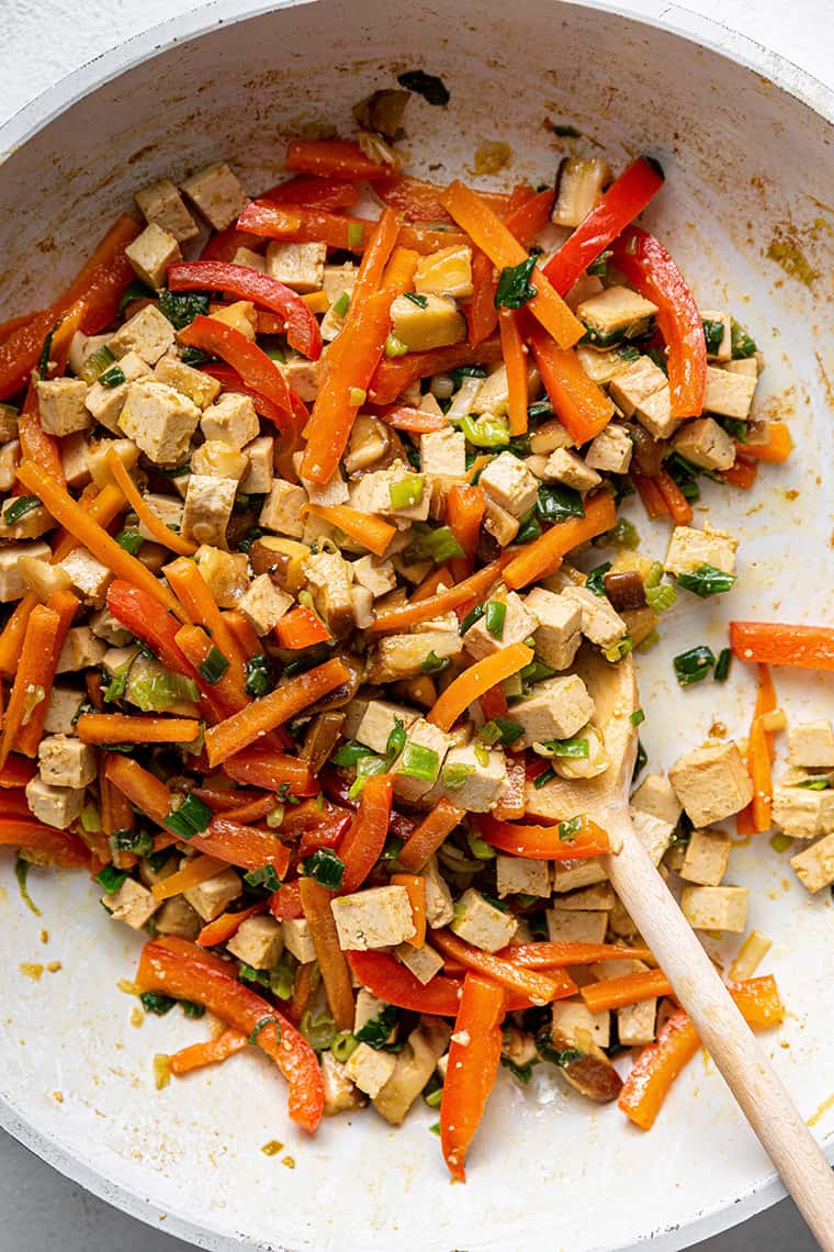 diced tofu and bell peppers for dumplings