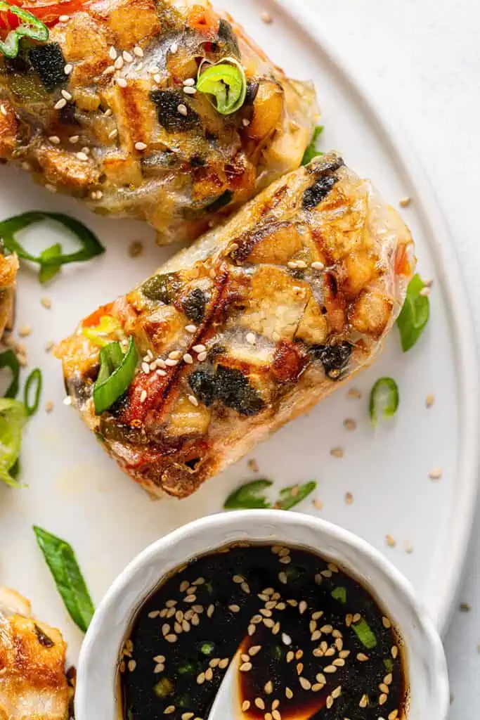 close up on crispy rice paper dumpling with tofu