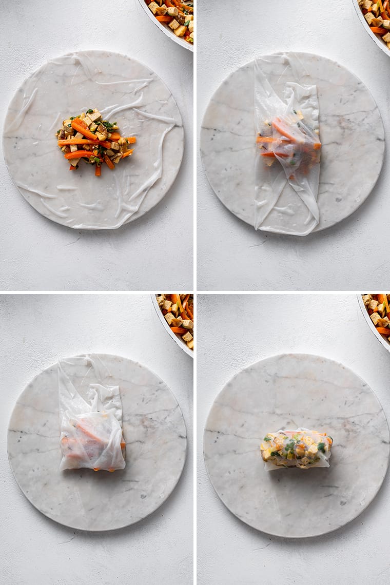 collage of steps to roll rice paper dumplings