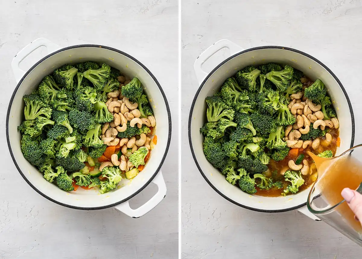 Side by side overhead views of raw broccoli and cashews in a pot on top of coked carrots, zucchini, and onions, one by themself and one with a hand pouring vegetable broth into the pot