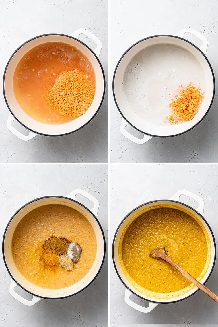 Four photos showing the process of making vegan red lentil dal