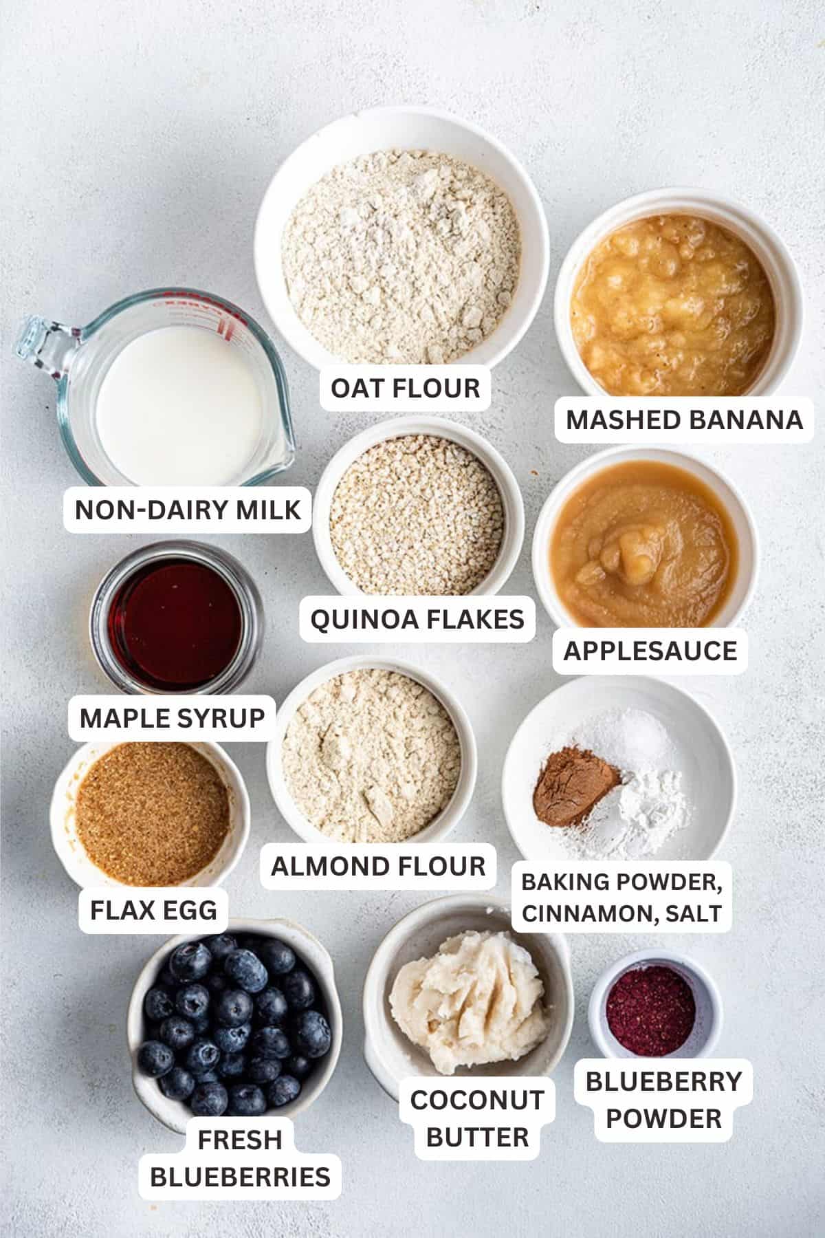 Ingredients for Blueberry Oat Muffins with Blueberry Icing.