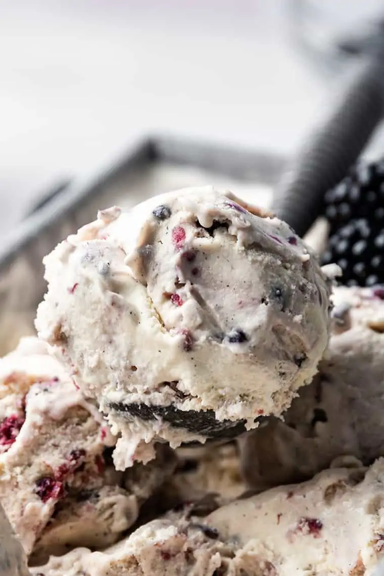 Scoop of black raspberry ice cream in ice cream scooper