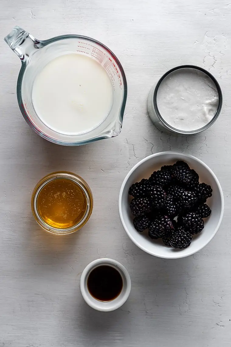 Overhead view of ingredients for black raspberry ice cream