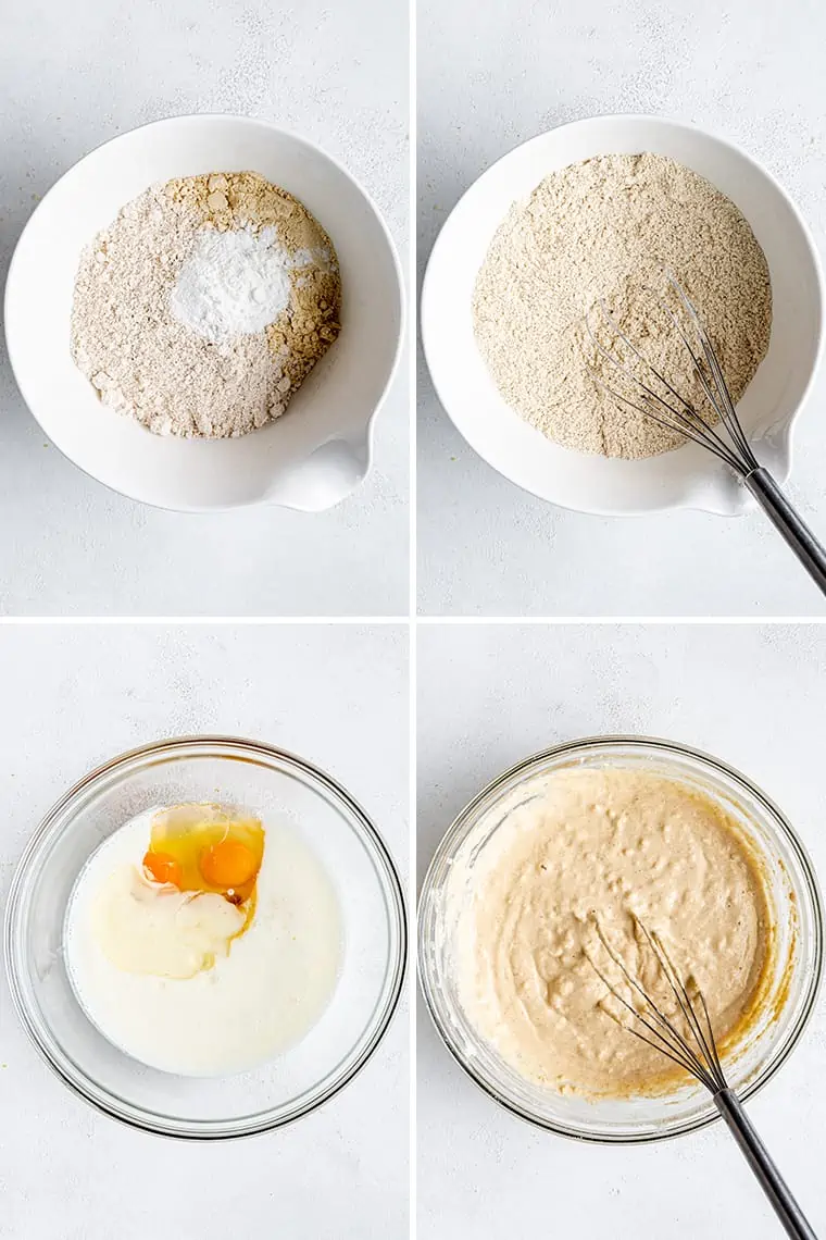 4 photos showing process of making gluten-free pancake batter