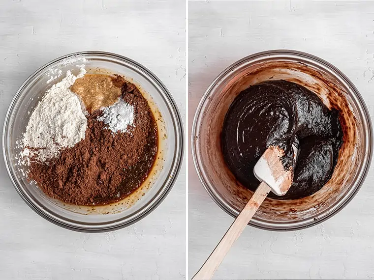 folding dry ingredients into wet for brownie batter