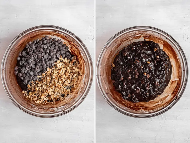 adding walnuts and chocolate chips into brownie batter