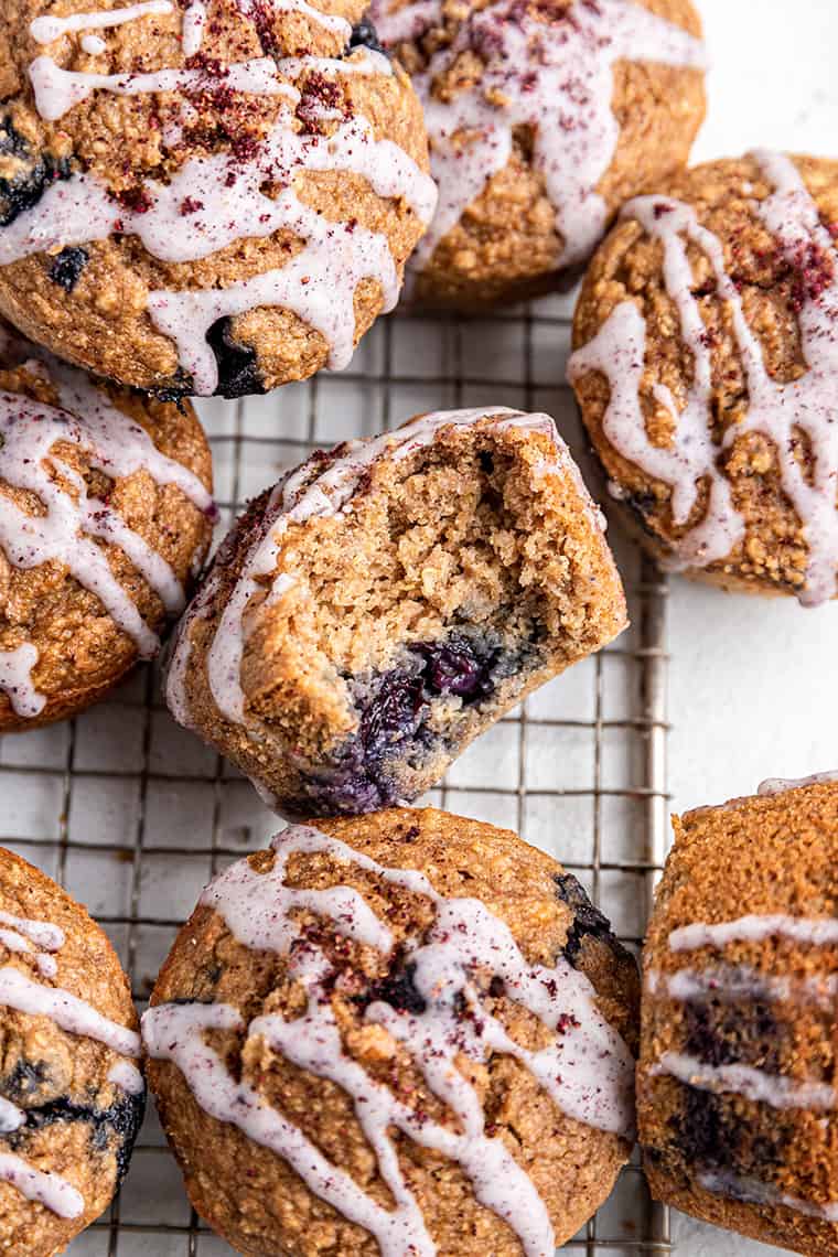 Healthy blueberry muffins on cooling rack