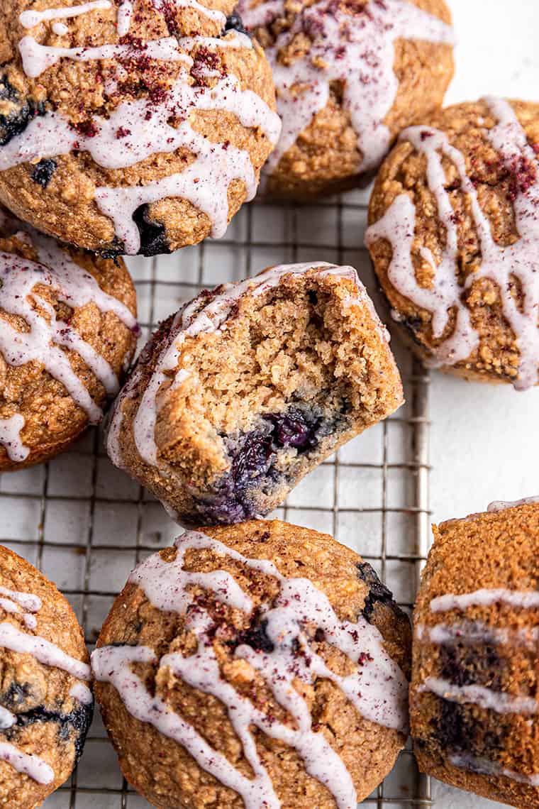 Healthy blueberry muffins on cooling rack