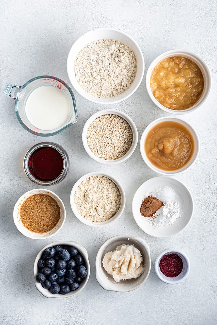 Overhead view of ingredients for healthy blueberry muffins