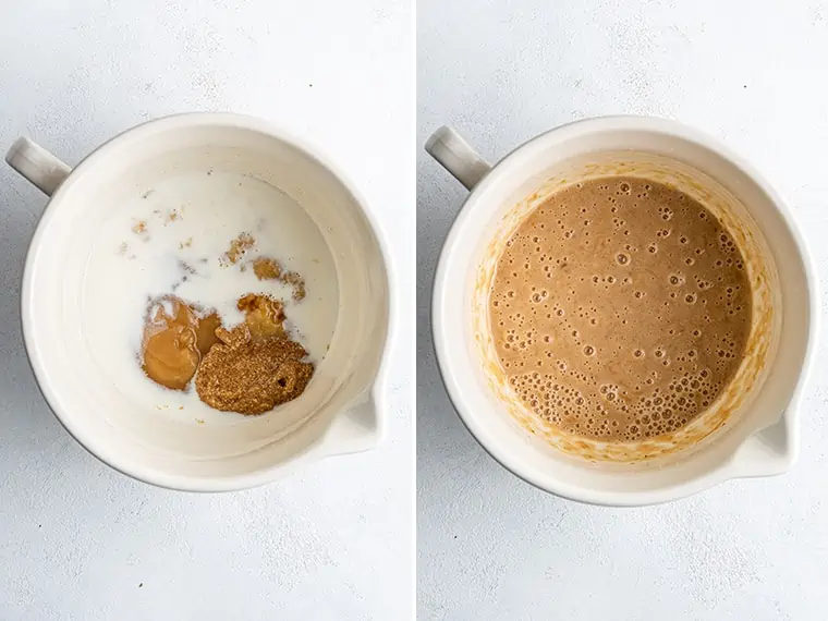 Two photos showing wet muffin ingredients in mixing bowl