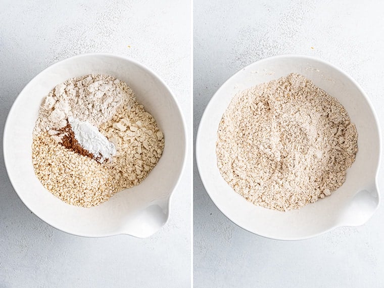 Two photos showing dry muffin ingredients in mixing bowl