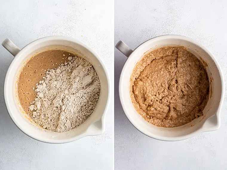 Two photos showing process of mixing muffin batter in mixing bowl