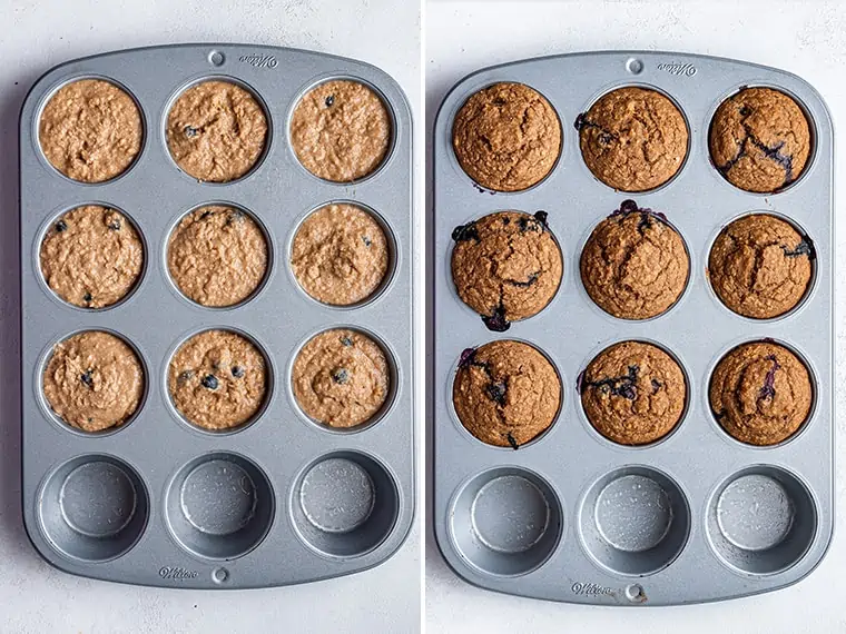 Two photos of healthy blueberry muffins in tin; one unbaked, one baked