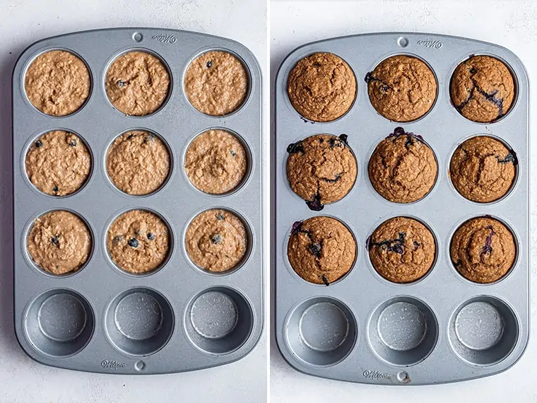 Two photos of blueberry muffins in tin; one unbaked, one baked