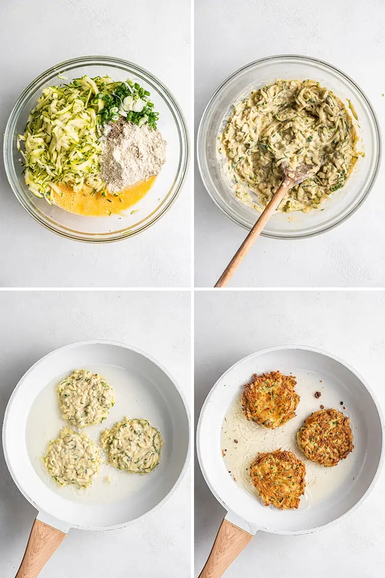 4 photos showing process of making healthy zucchini fritters