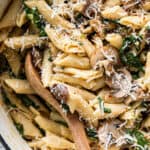 close up on mushroom pasta with cheese