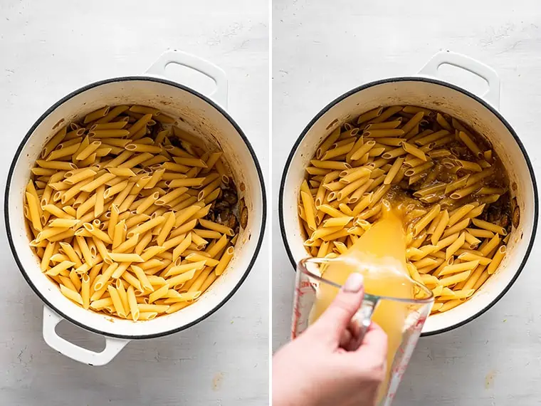 pouring veggie broth into pasta in a pot