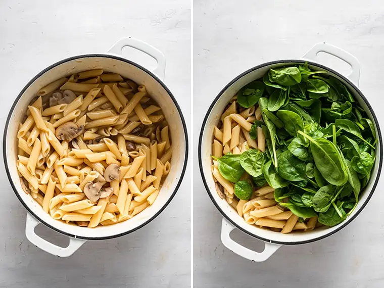 collage of adding spinach to one pot pasta