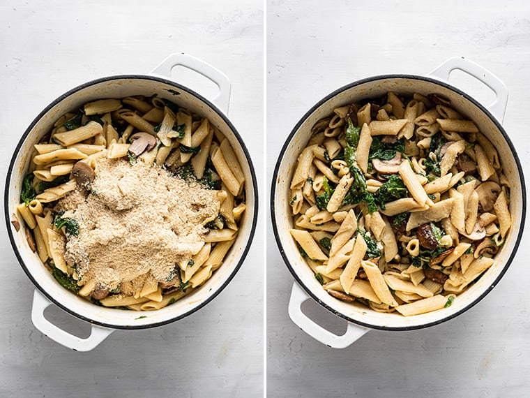 stirring vegan cheese into mushroom pasta