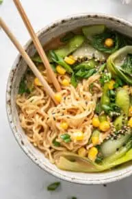 Close up vegan ramen recipe with chopsticks