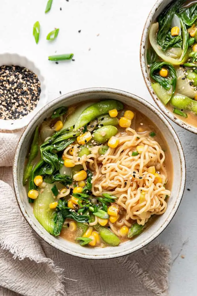 Overhead view of bowl with Vegan Ramen with vegetables