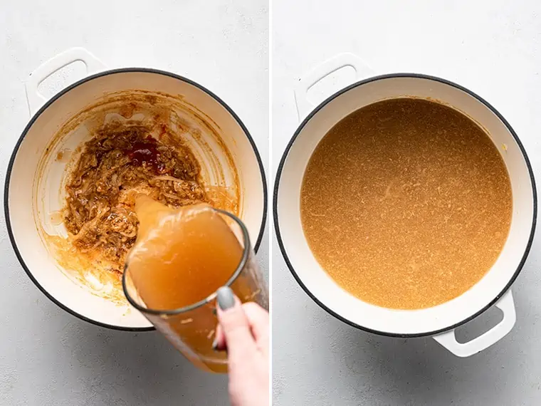 two images of pouring broth into vegan ramen recipe