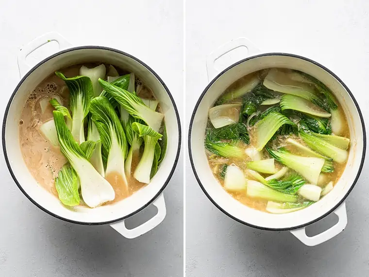 Two photos of cooking bok choy for vegan ramen