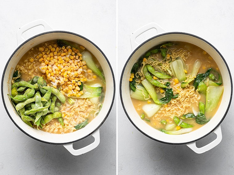 Two photos of cooking vegan ramen with vegetables