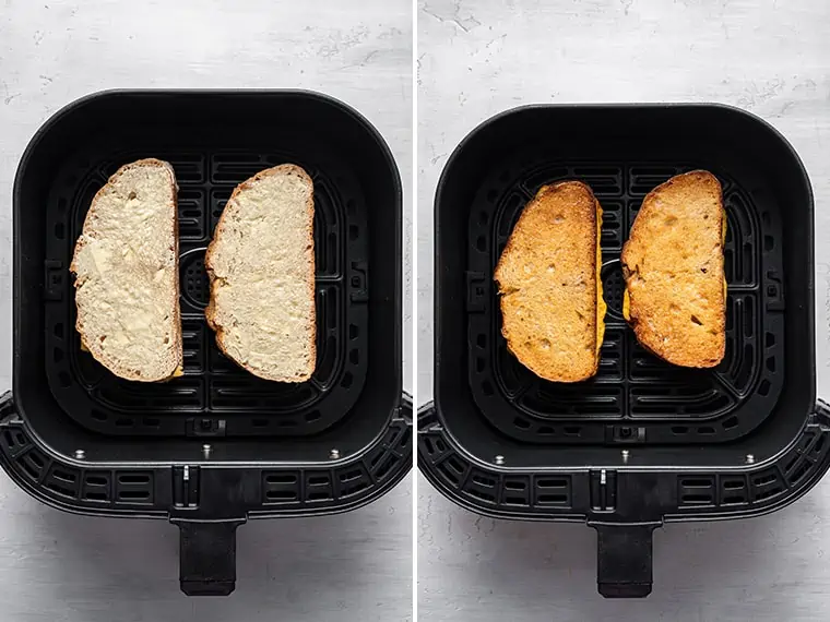 before and after cooking grilled cheese in an air fryer