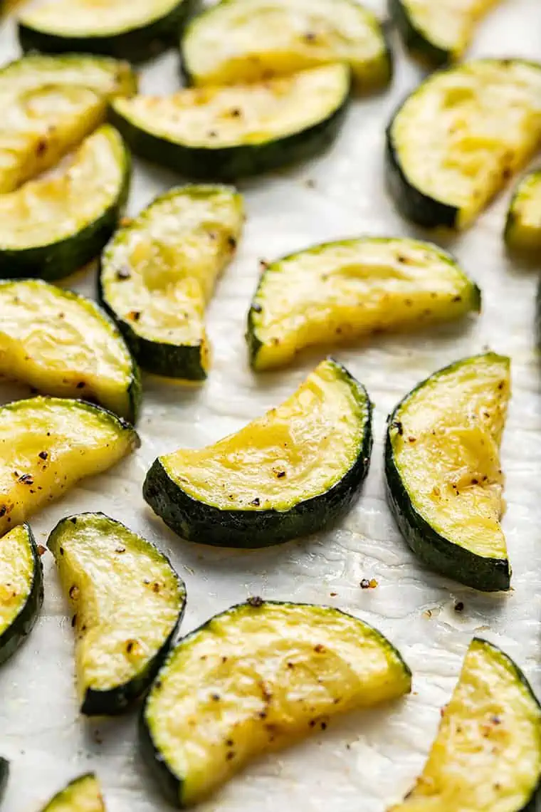 close up on slices of roasted zucchini