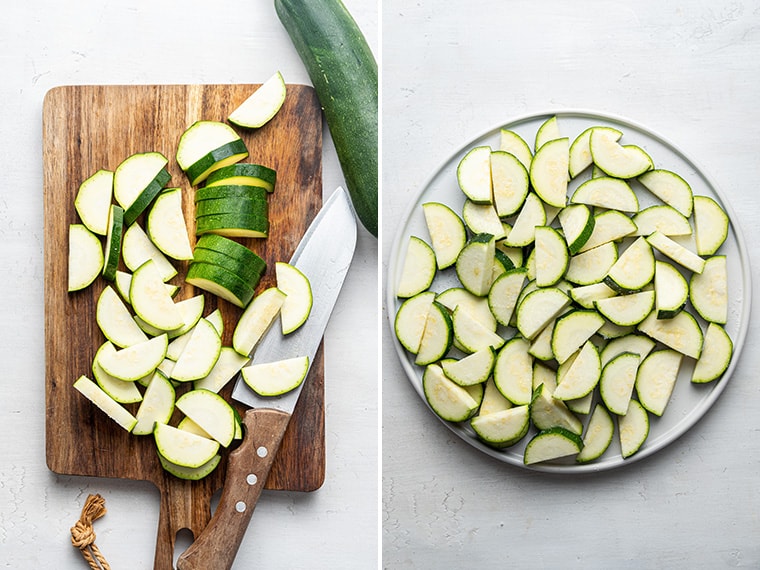 slicing zucchini for roasting on a cutting board