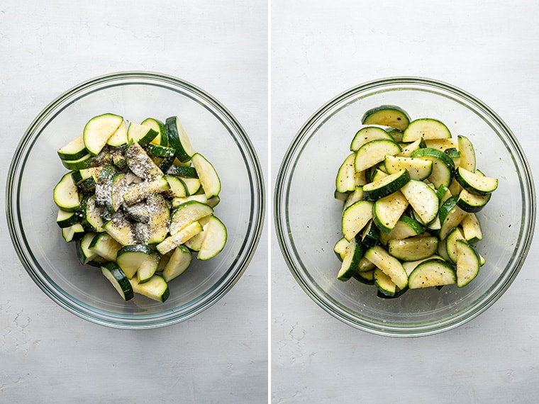seasoning zucchini slices in a glass bowl
