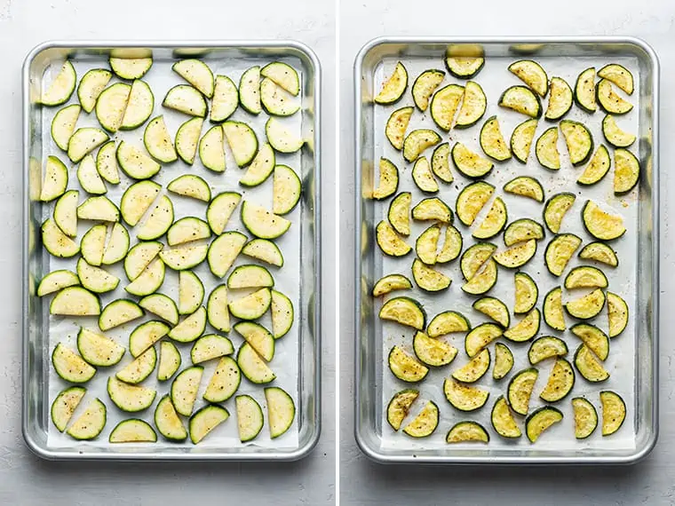 collage of baking sheets before and after roasting zucchini slices