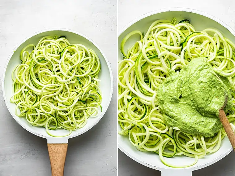 An image of zucchini noodles beside an image with the pesto sauce being spread over the zoodles
