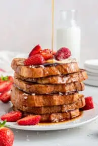 stack of vegan french toast with strawberries