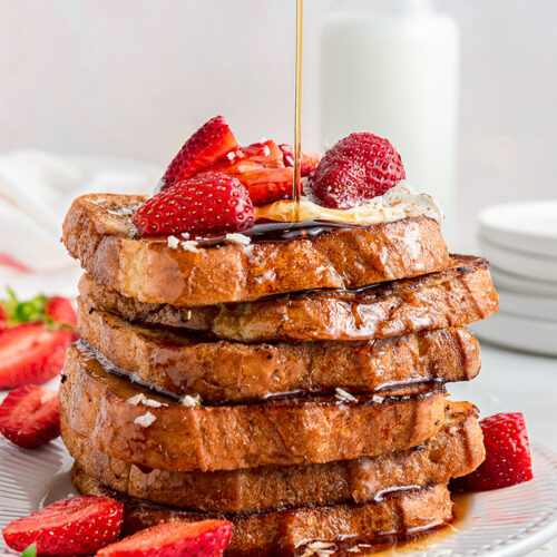 stack of vegan french toast with strawberries