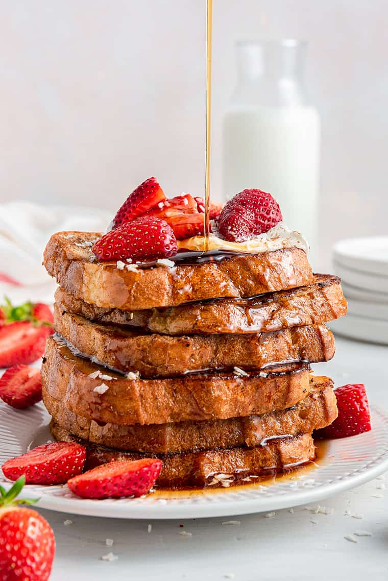 stack of vegan french toast with strawberries