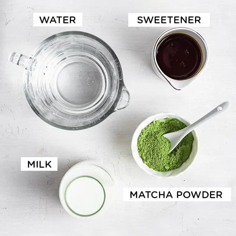 Overhead view of ingredients for matcha latte