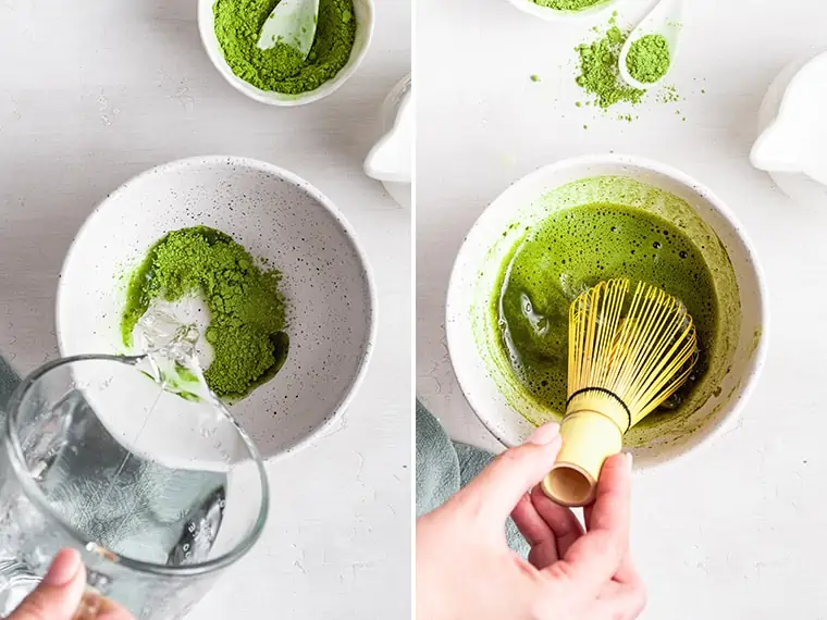 Side by side photos showing process of making matcha