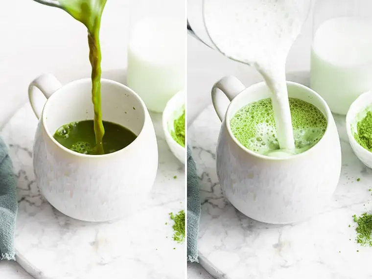 Side by side photos showing matcha and milk being poured into a mug
