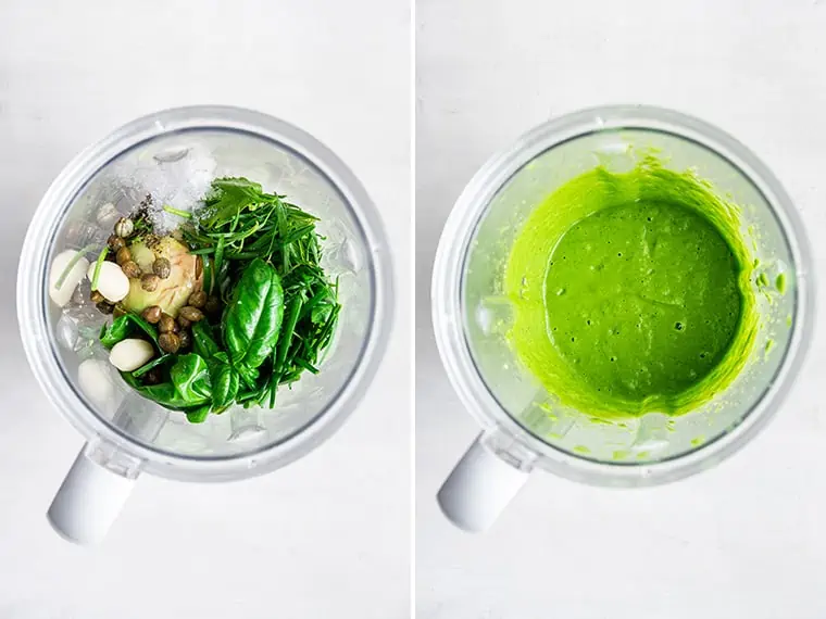 Side by side photos of green goddess dressing ingredients in blender and blended dressing
